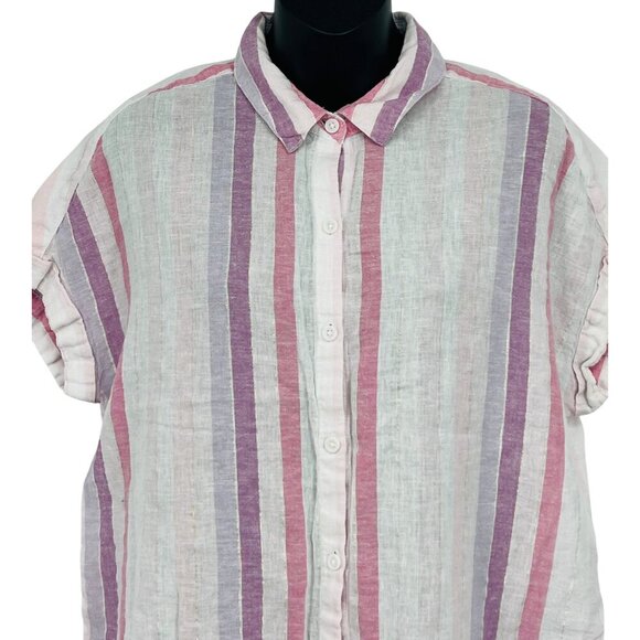 Beach Lunch Lounge Pink Purple Stripe Linen Cotton Short Sleeve Shirt Medium M - Picture 3 of 8